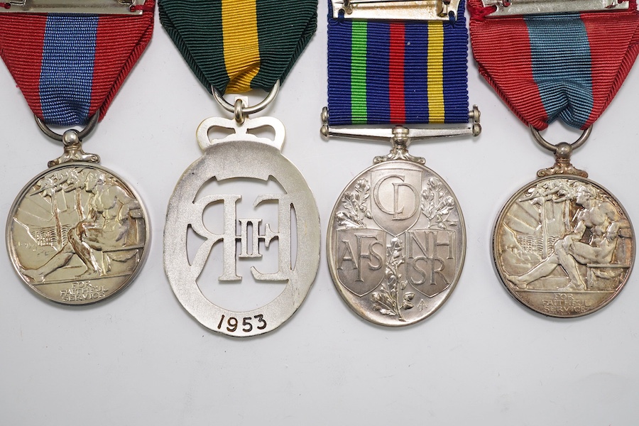 Four ERII service medals; Imperial Service medal to Alexander Manuel, another to Sydney John Jeffery (Technician Class IIA, Telecommunications Headquarters; Civil Defence Long Service unnamed; Territorial Efficiency Deco